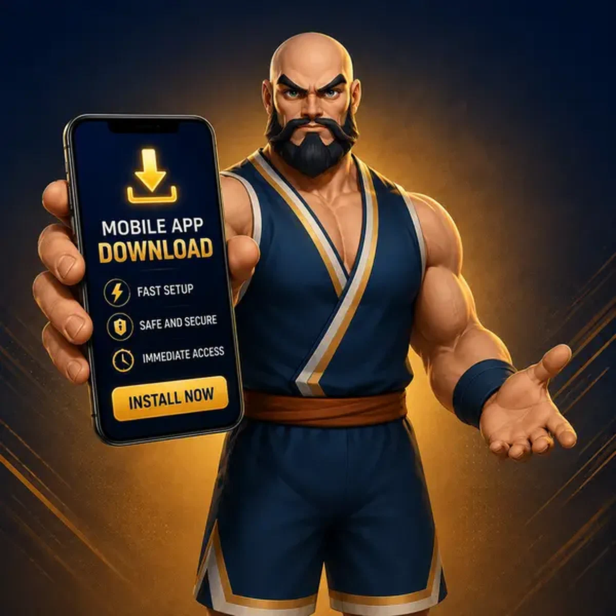 Figura atlética presentando la descarga de la app móvil BetOnRed en pantalla de smartphone brillante