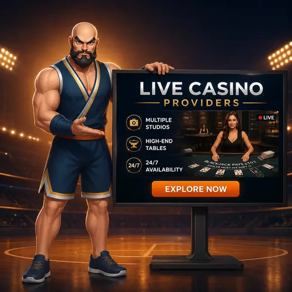 Crupier profesional presentando juegos de casino en vivo en pantalla brillante en estudio de arena moderno