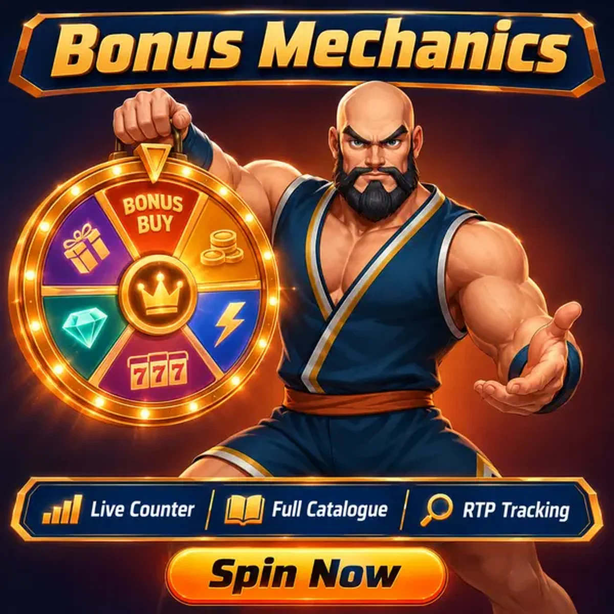 Campeón agarrando rueda de premios brillante en la sala de slots de Mecánicas de Formato de Juego y Sistemas de Compra de Bonos