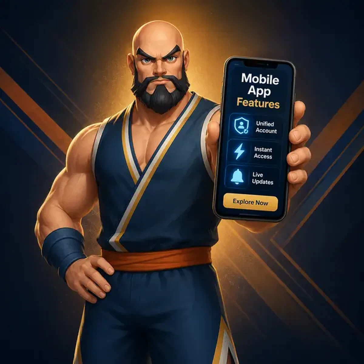 Figura atlética presentando con confianza características de app móvil en smartphone brillante en escaparate digital