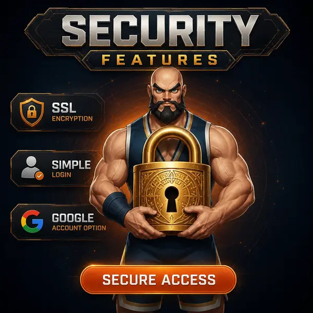 Experto en seguridad musculoso sosteniendo candado dorado mientras el jugador se prepara para iniciar sesión en el portal de Funciones de Seguridad