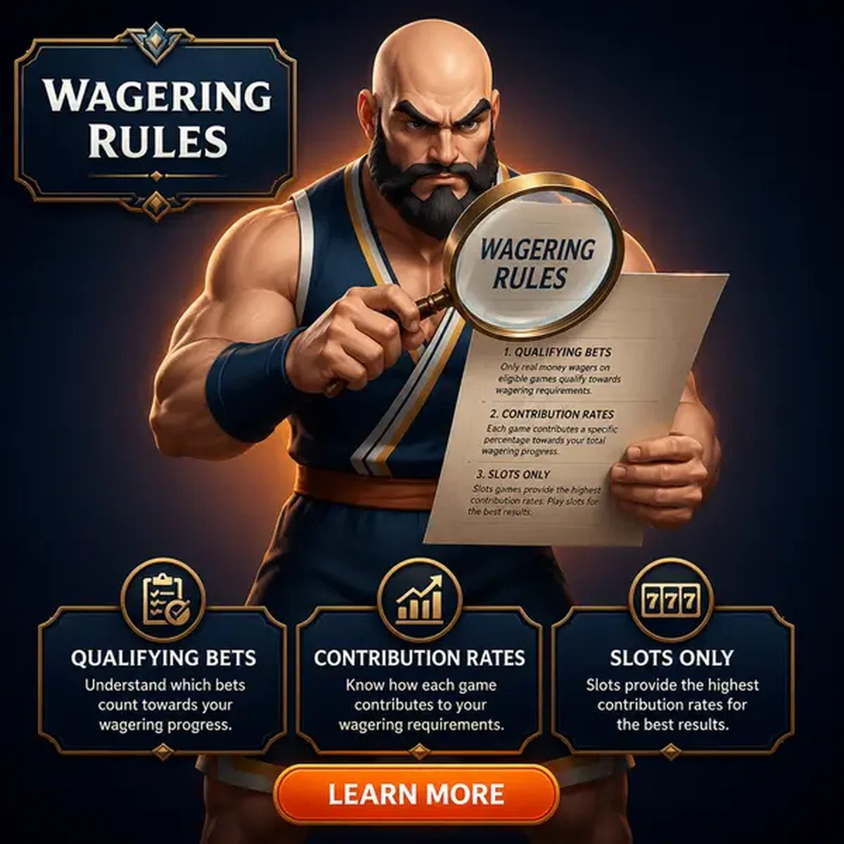 Analista musculoso examinando reglas de apuesta con lupa en Matemáticas de apuesta y reglas de contribución de juegos Casino términos de bonos