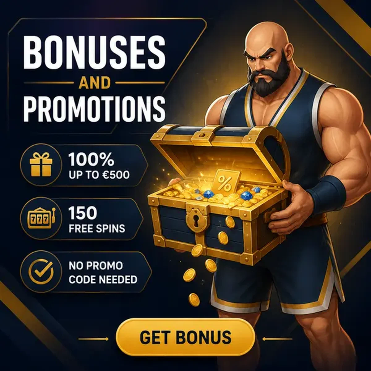 Campeón musculoso revelando cofre del tesoro de bonos de BetOnRed Casino con monedas doradas derramándose